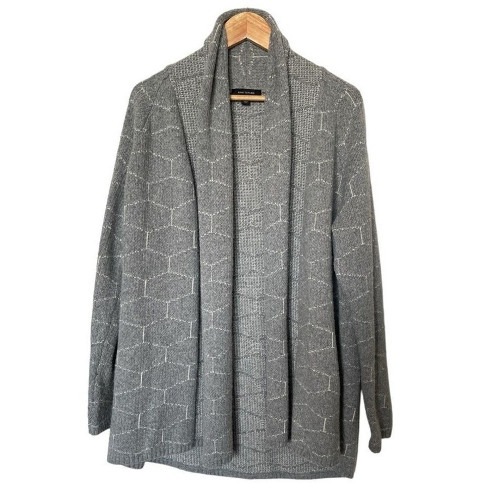 Ann Taylor Cardigan Womens XL Wool Alpaca Open Front Gray Geometric EUC